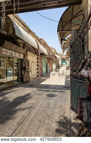 Jerusalem, Israel, July 17, 2021 : Empty Street Al Souq With Shops And Restaurants Closed Due To Cor