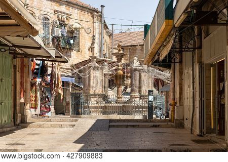 Jerusalem, Israel, July 17, 2021 : Empty Street Al Souq With Shops And Restaurants Closed Due To Cor