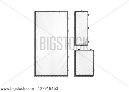 Blank White Rectangle Stretching Banner With Black Grip Frame Mockup, 3d Rendering. Empty Vertical O