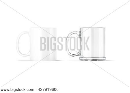 Blank Ceramic And Glass 11oz Mug With Handle Mockup Stand, 3d Rendering. Empty Glassful And Porcelai