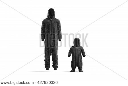 Blank Black Adult And Kid Plush Jumpsuit With Hood Mockup, 3d Rendering. Empty Sleepover Hooded Cost