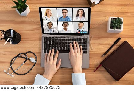 Female Doctor Making Video Call With Medical Professionals, Collage, Top-view