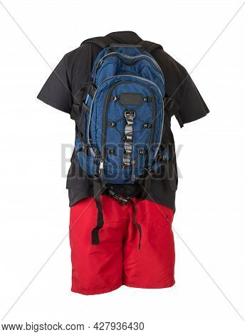 Deinim Bluebackpack,red Sports Shorts, Black T-shirt Isolated On White Foane. Clothes For Every Day