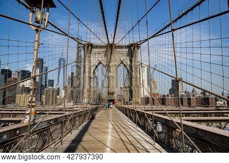 New York City - July 17, 2021: View Of The Broklyn Skyline As Seen From The Brooklyn Bridge.