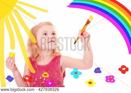 Little Girl Draws With Paint On A White Background