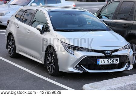 Flekkefjord, Norway - July 19, 2020: Toyota Corolla Hybrid Compact Station Wagon Car Parked In Norwa