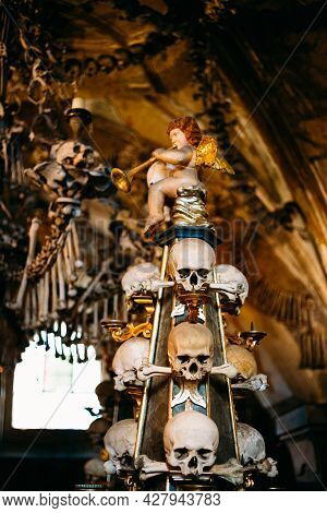 Kutna Hora, Czech Republic - October 14, 2014: Old Bones, Skulls In Sedlec Ossuary Kostnice , Kutna 