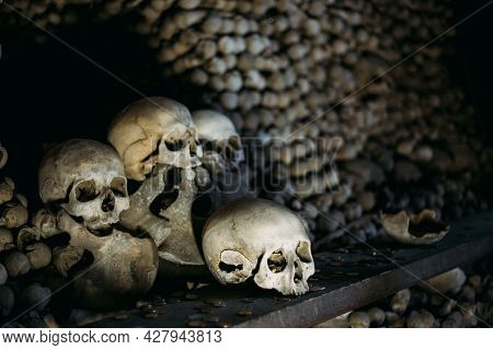 Kutna Hora, Czech Republic - October 14, 2014: Old Bones, Skulls In Sedlec Ossuary Kostnice , Kutna 