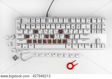 Disassembled Mechanical Keyboard, Top View. Dusty Keyboard With Crumbs. The Concept Of Cleaning Gami
