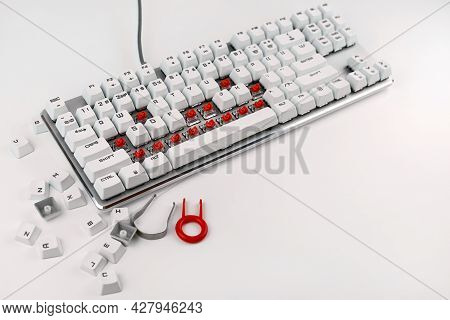 Disassembled Keyboard On A White Background. Disassembly And Cleaning Of The Computer Keyboard. Clea