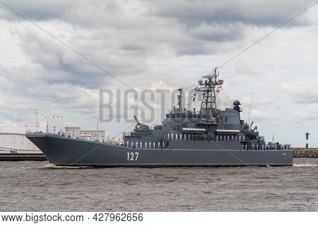 The Large Landing Ship Minsk Of Project 775 Passes Near Kronstadt During The Naval Parade On July 25