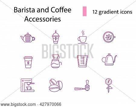 Coffee And Barista Appliance Line Icons Set. Roasted Beans. Big Professional Machine. Gradient Symbo