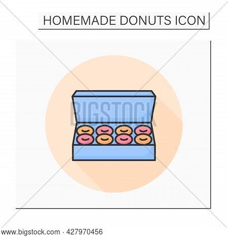 Donuts Box Color Icon. Big Open Cardboard Pack Of Homemade Pasty. Concept Of Tasty And Fresh Doughnu