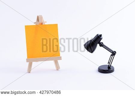 Wooden Easel Miniature With Blank Colored Square Canvas Or Memo Paper - Mockup. Mini Wooden Stand Wi