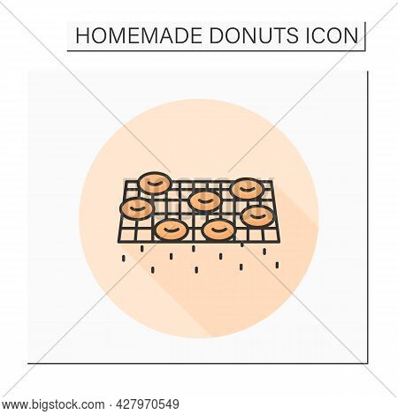 Donuts Color Icon. Steel Wire Rack Resting And Oil Draining Doughnuts. Concept Of Sweet Pastry Home 
