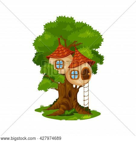 Fairy House Or Dwelling On Oak Tree. Cartoon Vector Fairytale Creature Hut On Tree, Dwarf Or Elf Hom