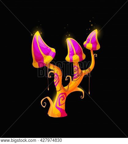 Fantasy Fairy Magic Cartoon Mushrooms, Vector Unusual Fungi Of Pink And Yellow Colors With Curly Out