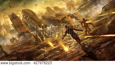 Digital Illustration Of Futuristic Science Fiction Robot Machine Army Killing Terminating The Escape