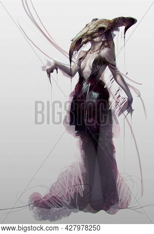 Digital Illustration Of Fantasy Woman Female Girl In Abstract Form With Wearing Bull Goat Skull