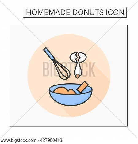 Dough Mix Color Icon. Whisking Egg And Butter With Donuts Dry Ingredient. Concept Of Home Pastry Or 