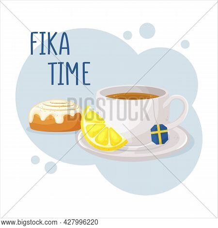 Cup Of Coffee Or Tea And Cinnamon Roll. Coffee Break Fika Concept. Isolated Hand Drawn Vector Illust
