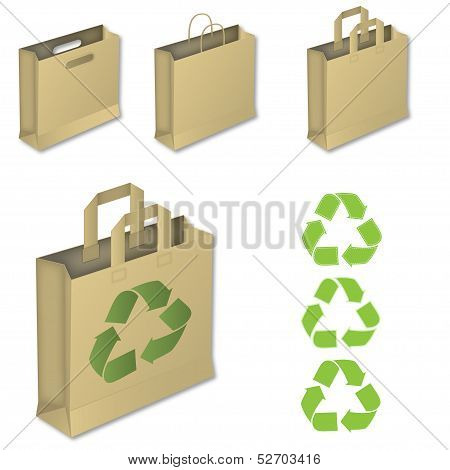 Four brown paper bags with recycle symbol.