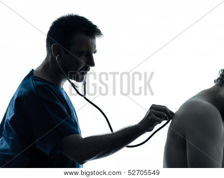 one caucasian man doctor surgeon medical worker stethoscope hearbeat  silhouette isolated on white background