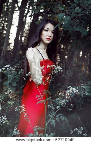 Smiling beautiful girl standing in dark forest