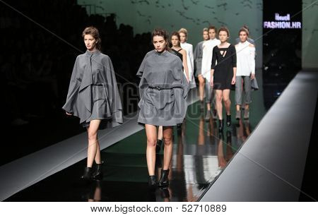 ZAGREB, CROATIA - OCTOBER 19: Fashion model wearing clothes designed by Pavla Aleksic on the 'Fashion.hr' show on October 19, 2013 in Zagreb, Croatia.