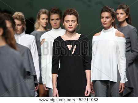 ZAGREB, CROATIA - OCTOBER 19: Fashion models wearing clothes designed by Pavla Aleksic on the 'Fashion.hr' show on October 19, 2013 in Zagreb, Croatia.