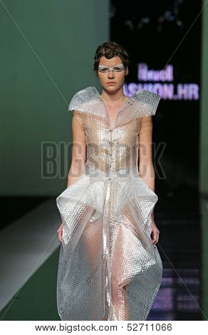 ZAGREB, CROATIA - OCTOBER 19: Fashion model wearing clothes designed by Branka Donassy on the 'Fashion.hr' show on October 19, 2013 in Zagreb, Croatia.