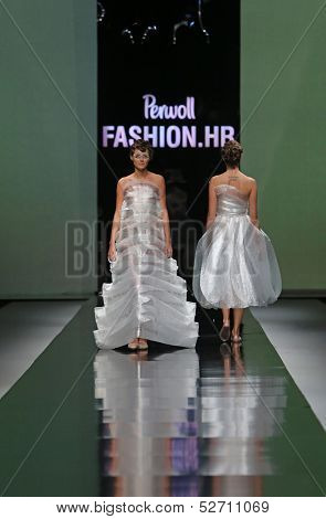ZAGREB, CROATIA - OCTOBER 19: Fashion model wearing clothes designed by Branka Donassy on the 'Fashion.hr' show on October 19, 2013 in Zagreb, Croatia.