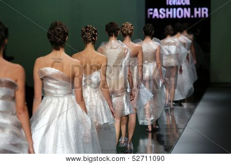 ZAGREB, CROATIA - OCTOBER 19: Fashion models wearing clothes designed by Branka Donassy on the 'Fashion.hr' show on October 19, 2013 in Zagreb, Croatia.