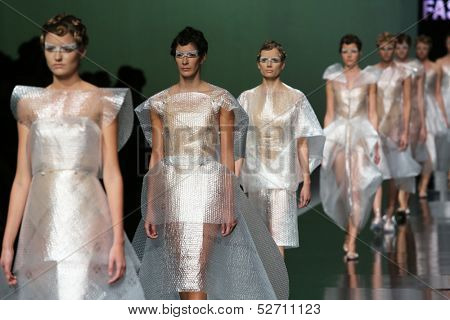 ZAGREB, CROATIA - OCTOBER 19: Fashion models wearing clothes designed by Branka Donassy on the 'Fashion.hr' show on October 19, 2013 in Zagreb, Croatia.