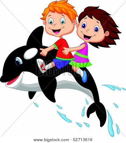Cartoon Boy and girl riding orca