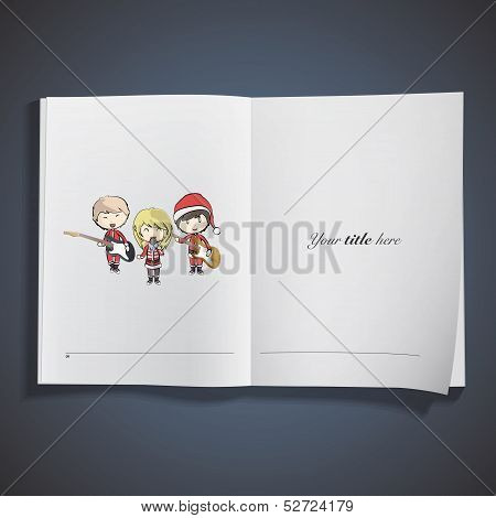 Kids Playing Music Printed On Book. Vector Design