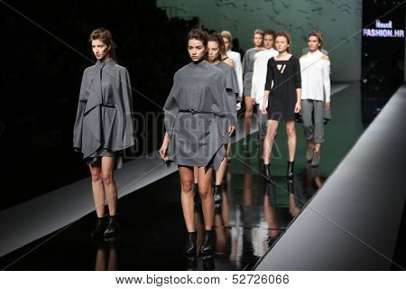 ZAGREB, CROATIA - OCTOBER 19: Fashion model wearing clothes designed by Pavla Aleksic on the 'Fashion.hr' show on October 19, 2013 in Zagreb, Croatia.