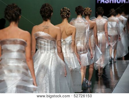 ZAGREB, CROATIA - OCTOBER 19: Fashion model wearing clothes designed by Branka Donassy on the 'Fashion.hr' show on October 19, 2013 in Zagreb, Croatia.