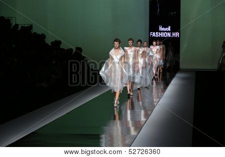 ZAGREB, CROATIA - OCTOBER 19: Fashion model wearing clothes designed by Branka Donassy on the 'Fashion.hr' show on October 19, 2013 in Zagreb, Croatia.