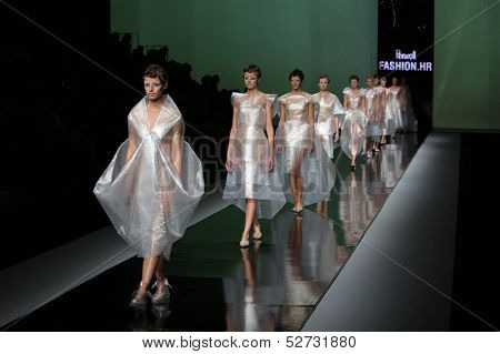ZAGREB, CROATIA - OCTOBER 19: Fashion model wearing clothes designed by Branka Donassy on the 'Fashion.hr' show on October 19, 2013 in Zagreb, Croatia.