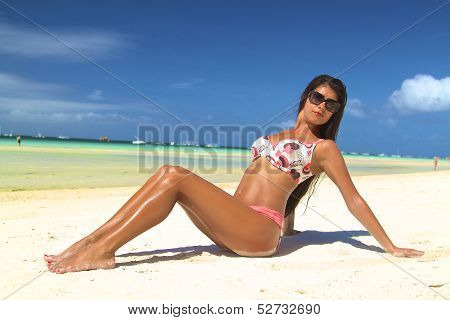 The beautiful girl in bikini on a beach