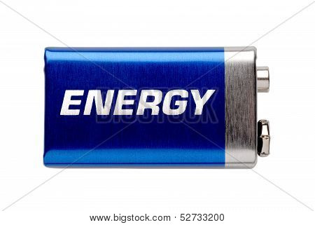 9V battery isolated on white with written word 