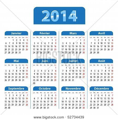 Blue Glossy Calendar For 2014 Year In French