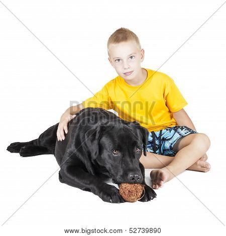 Boy With A Dog On A White Background