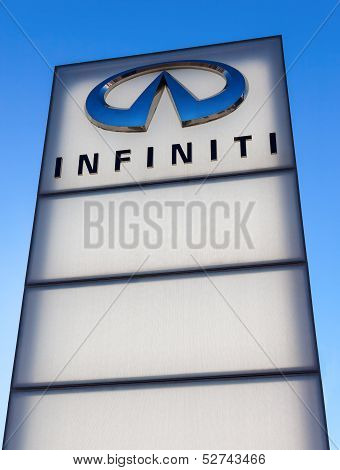 Samara, Russia - October 20: The Emblem Infiniti On Blue Sky Background, October 20, 2013 In Samara,