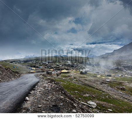 Road in Himalayas on top of  Rohtang La pass, Himachal Pradesh, India