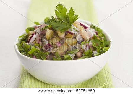 Salad With Herring, Red Onion, White Bean And Pickled Cucumber