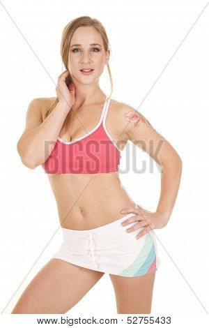 Woman Pink Bra Skirt Serious