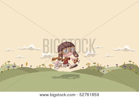 Cartoon boy with helmet and goggle running on green park with airplane toys