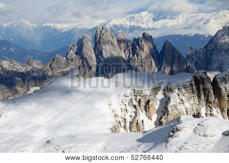 Peaks of the Odle-Geisler group in the South Tyrol, Italy, seen from Piz Boe - winter conditions